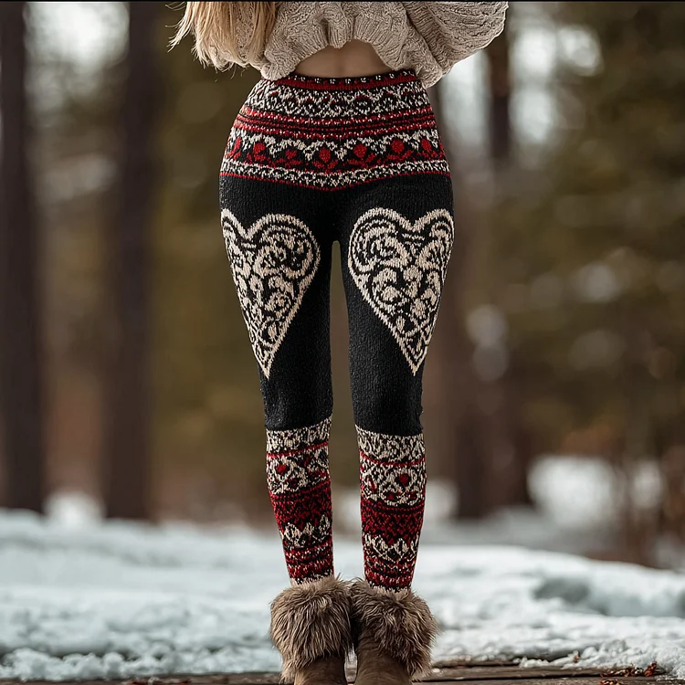 Valentine's Day Retro Viking Style Heart Pattern Printed Women's Tight-fitting Leggings