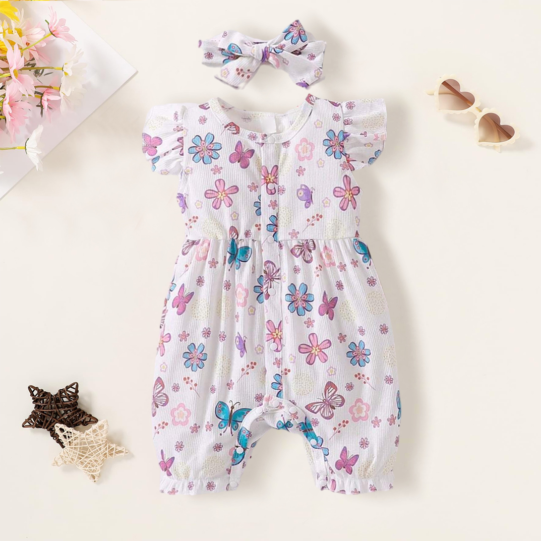 Babyhug Single Jersey Knit Sleeveless Jumpsuit With Floral & Butterfly Print - White