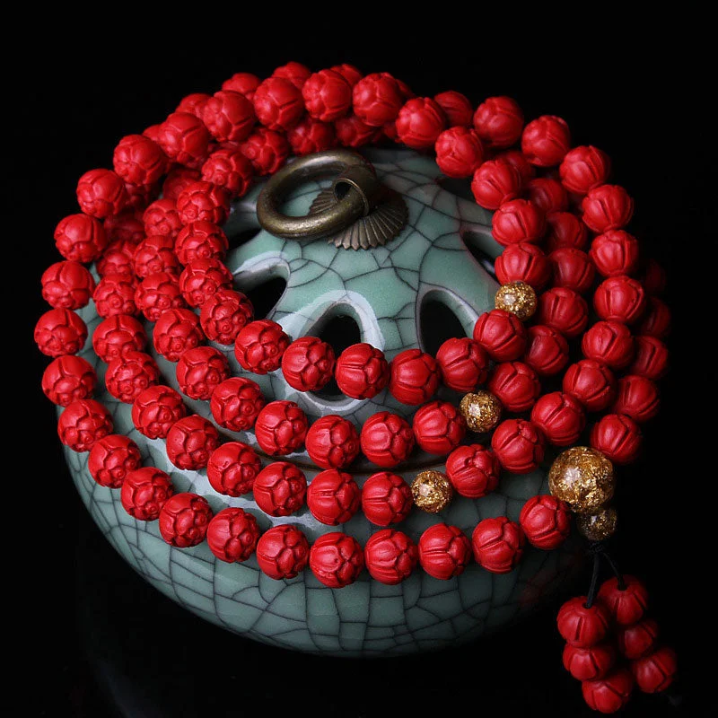 Tibetan Cinnabar Lotus Bead Prosperity Necklace Bracelet Mala