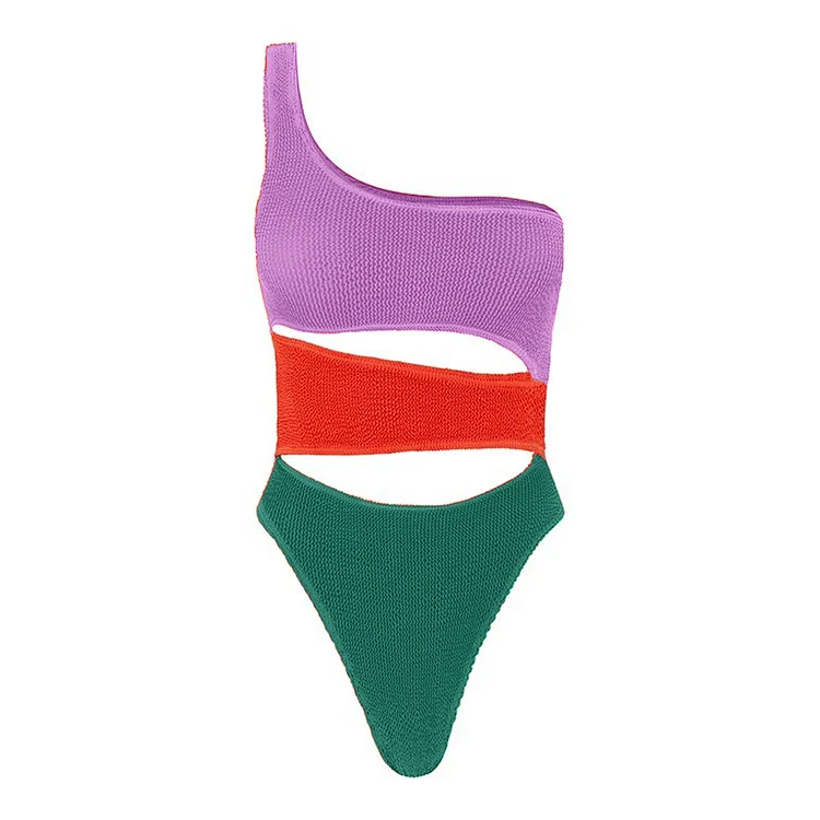 Crinkle Fabric Color Block Cutout One Piece Swimsuit Flaxmaker