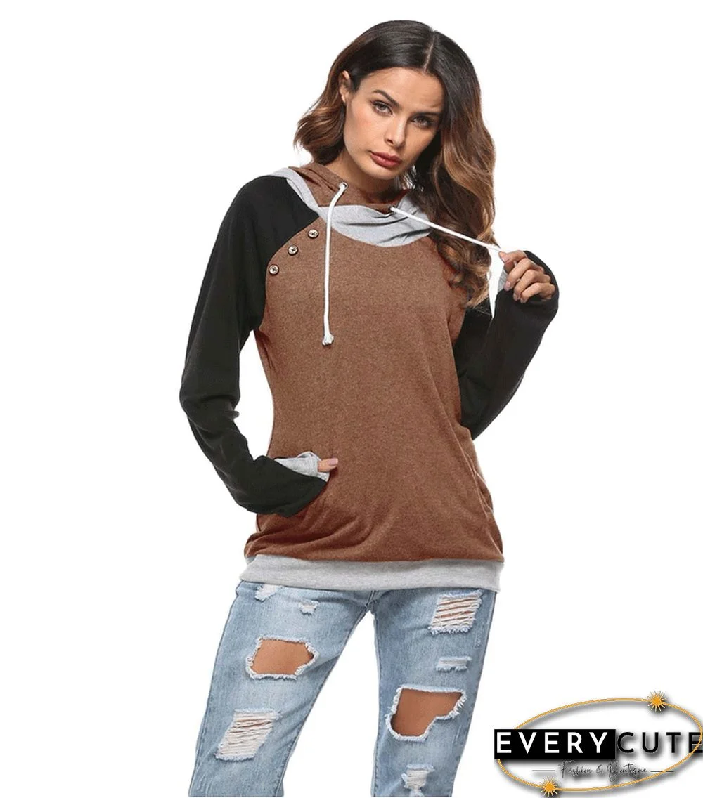 Brown Patchwork Hoodie with Pockets