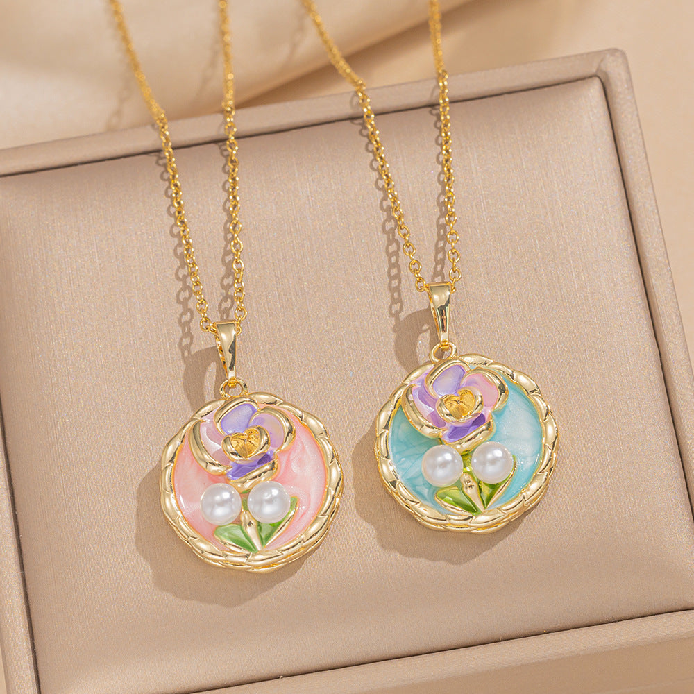 French Retro Oil Drop Baroque Freshwater Pearl Enamel High-Grade Painted Flower Pendant Necklace