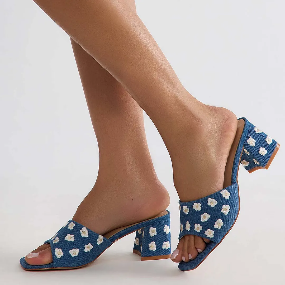 Blue Open-Toe Block Heel Slide Shoes with Flower Embroidery