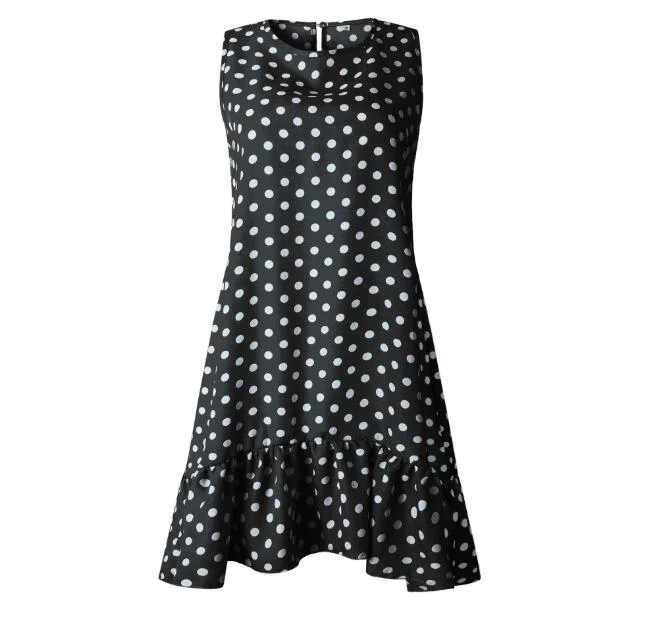 2020 Summer Women Polka Dots Causal Dress Kawaii Ruffles Dots Shift Dress O-neck Sleeveless Vintage Loose Shirt Dresses