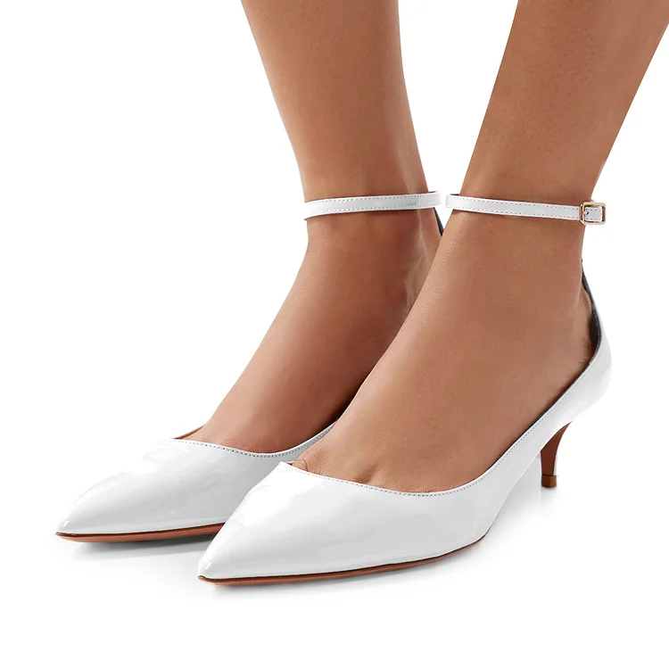 White Patent Leather Ankle Strap Heels Pointed Toe Kitten Heels Shoes |FSJ Shoes