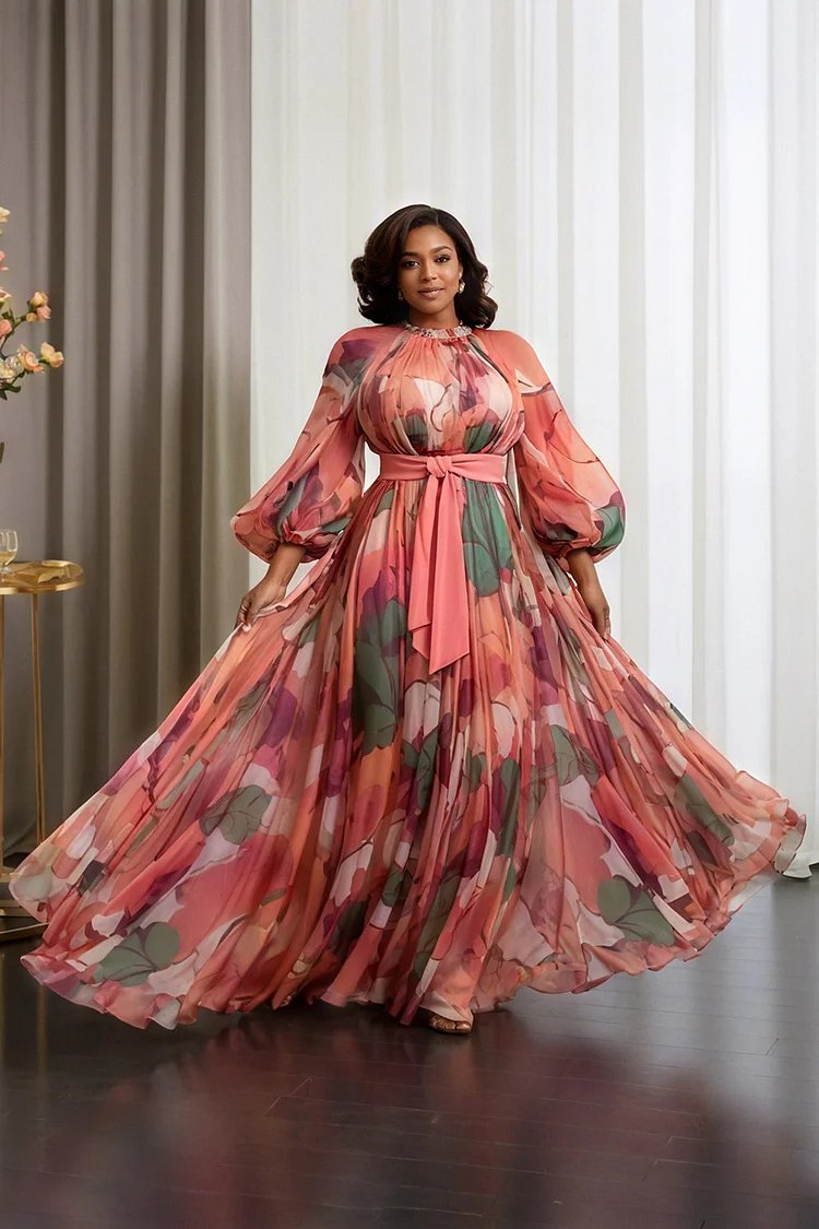 Xpluswear Design Plus Size Wedding Guest Multicolor Floral Round Neck Lantern Sleeve Long Sleeve Pleated Chiffon Maxi Dresses [Pre-Order]