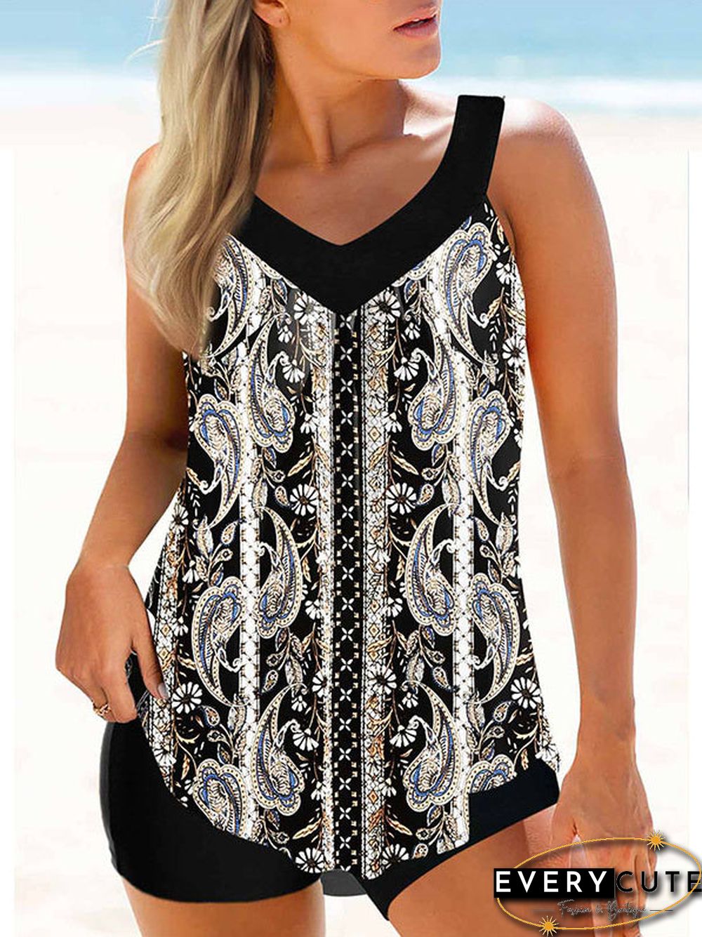 Women Strap Floral Printed Colorblock Tankini Set