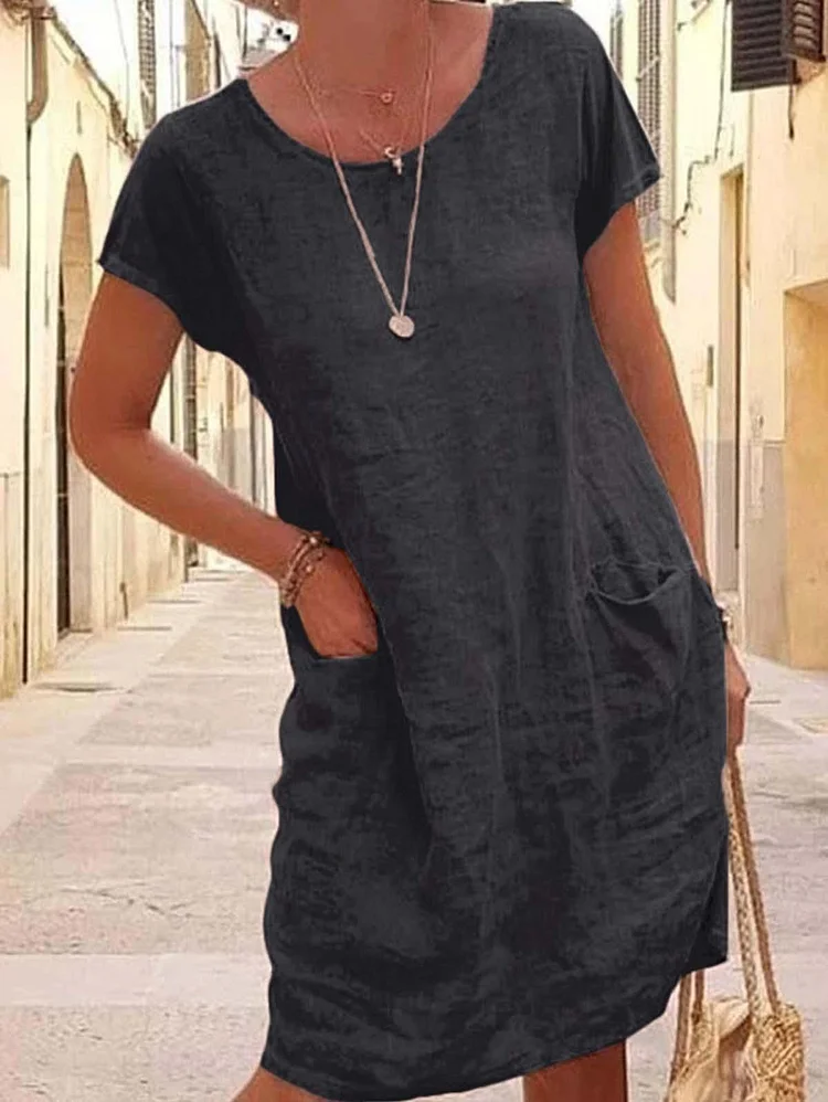 Women Casual Pockets O-Neck Short Sleeve A-Line Linen Dress