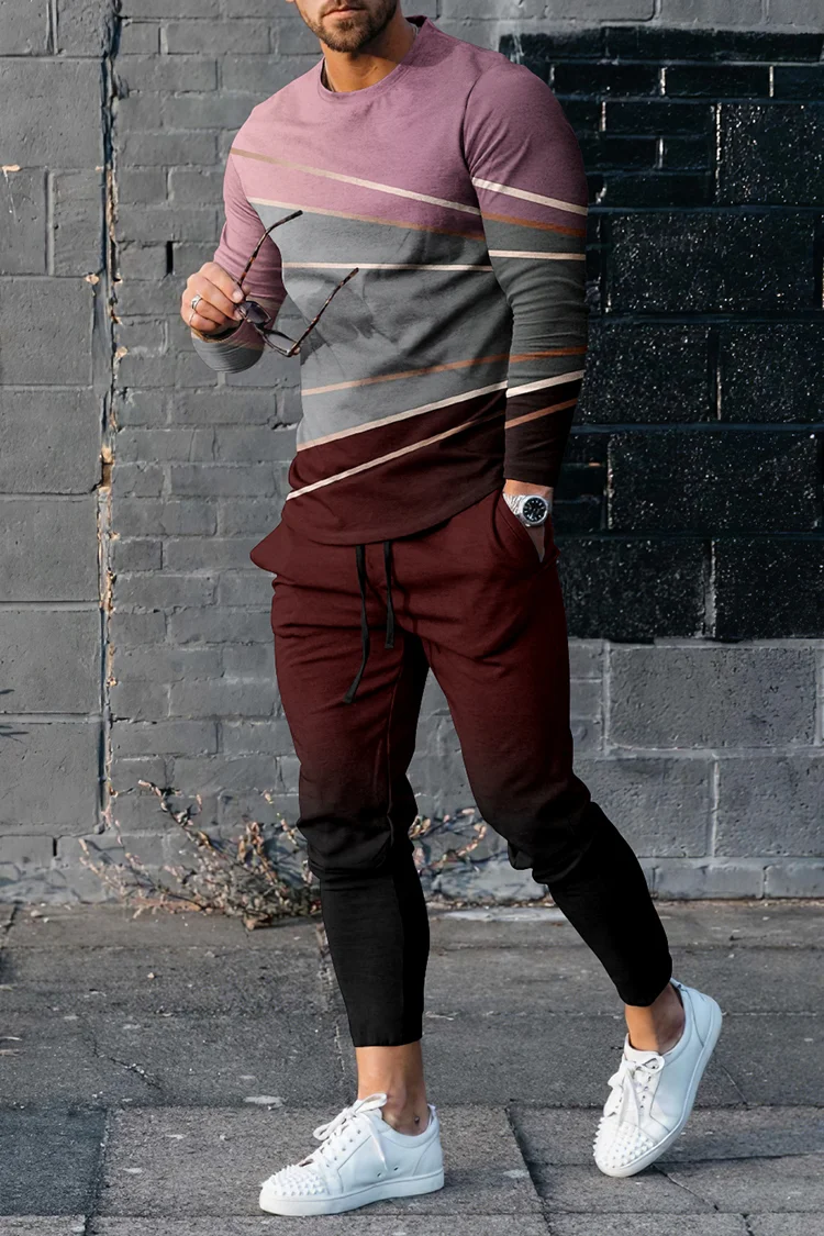 Tiboyz Men'S Stripe Gradient Long Sleeve T-Shirt And Pants Co-Ord