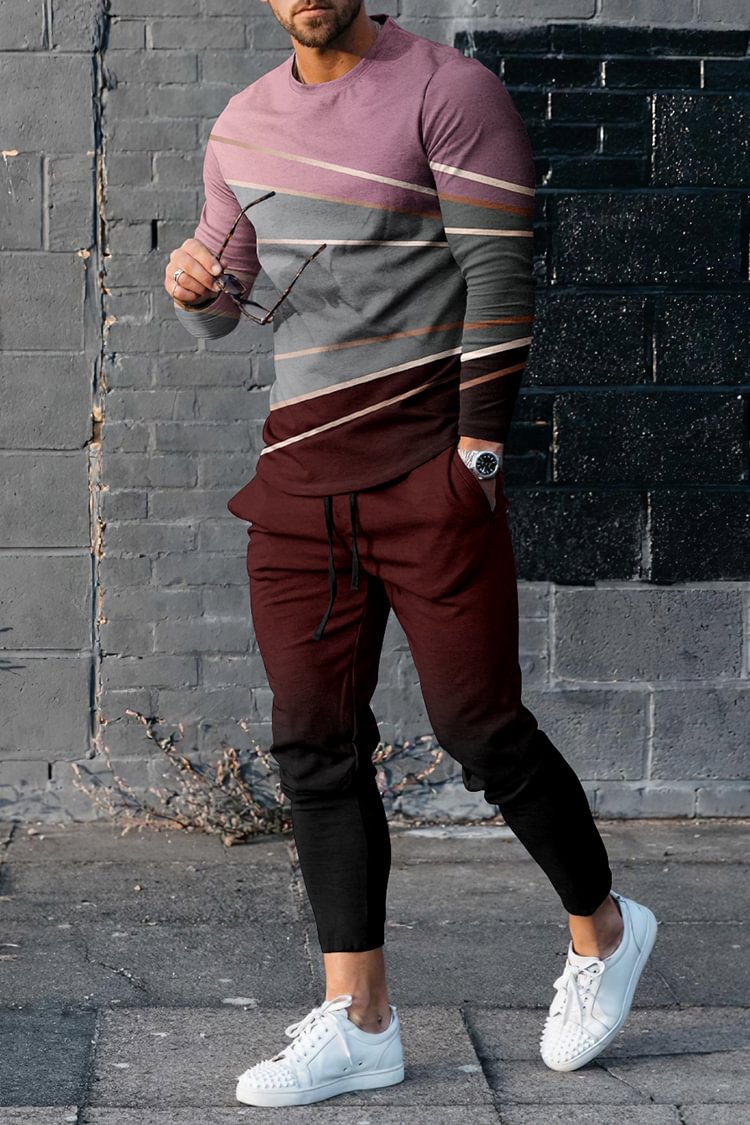 Tiboyz Men'S Stripe Gradient Long Sleeve T-Shirt And Pants Co-Ord