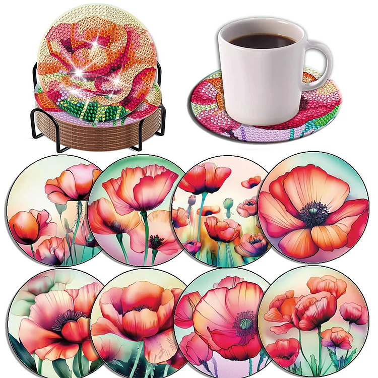 8PCS Acrylic Diamond Painting Coasters Kits with Holder for Beginner (Red Rose)