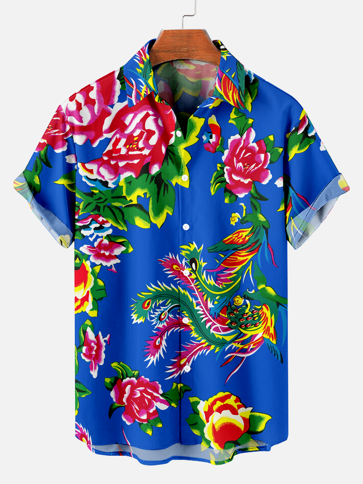 Men's Northeastern Flower and Phoenix Blue Fashionable Casual Short Sleeve Shirt PLUSCLOTHESMAN