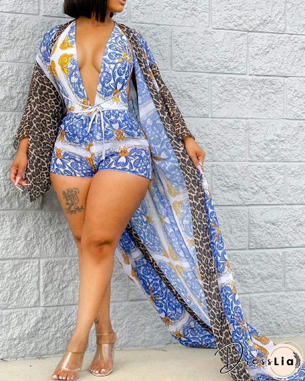 All Over Print Halter Sleeveless Skinny Romper With Coat Suit Sets