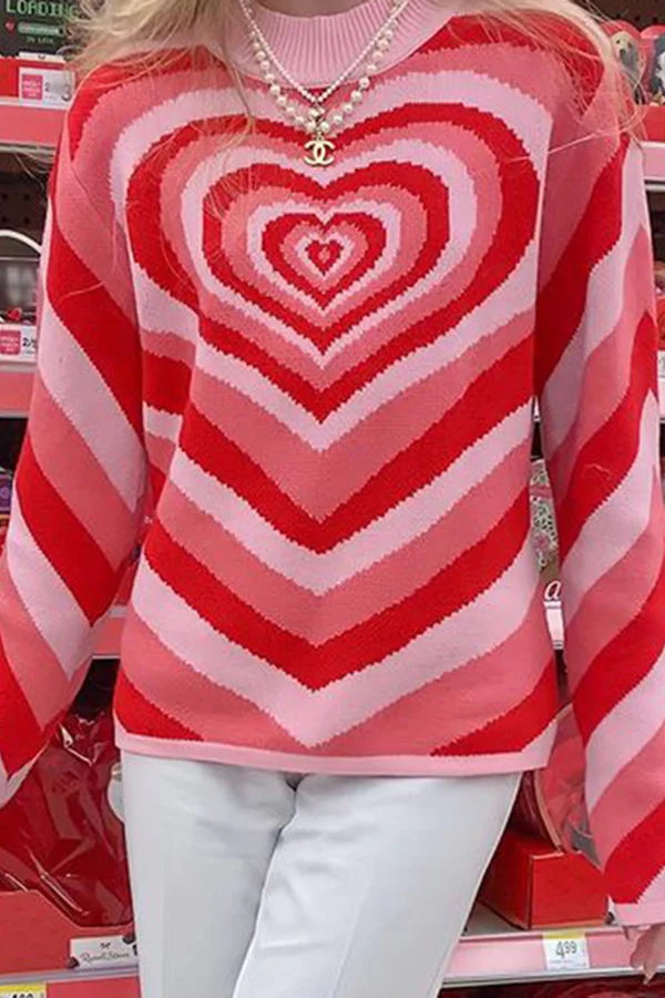 Color Block Multicolor Heart Shape Pullover Long Sleeve Sweater