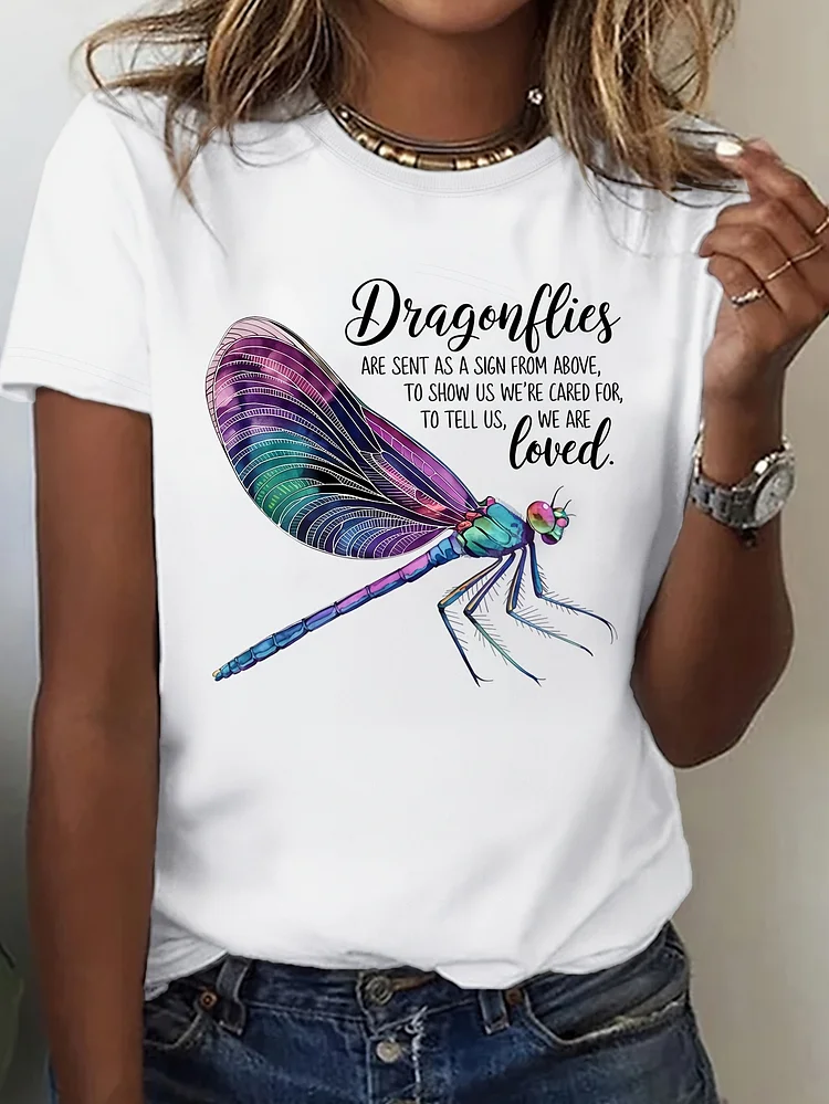 Vibrant Blue & Green Women's Casual T-Shirt | Short Sleeve, Round Neck, Inspirational Dragonfly Graphic, Perfect For Spring & Summer, Casual Wear | Humorous Shirt | Knit Texture