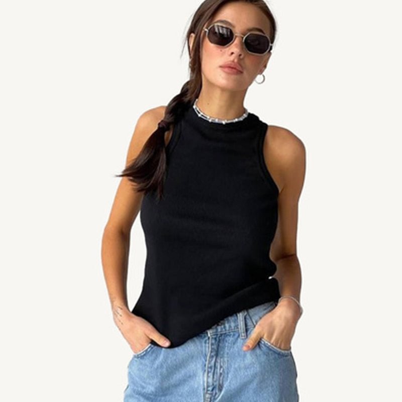 Ribbed Knitted Tops Neck Summer Basic Shirts White Black Casual Sport Vest Off Shoulder Green Women's Tank Top