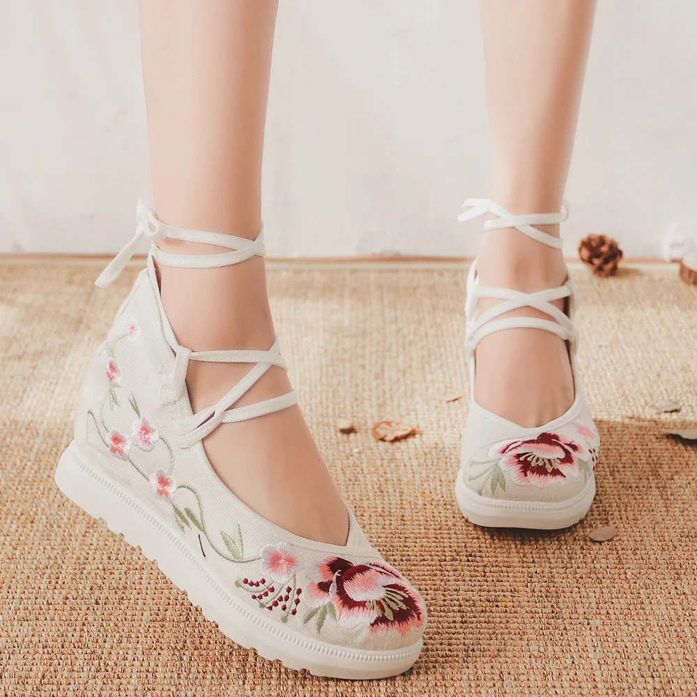 Zingj Zingj White Sole Embroidered Cloth Shoes High Heel Slope Canvas Embroidered Women's Singles Shoes Lace Retro National Style Cloth Shoes
