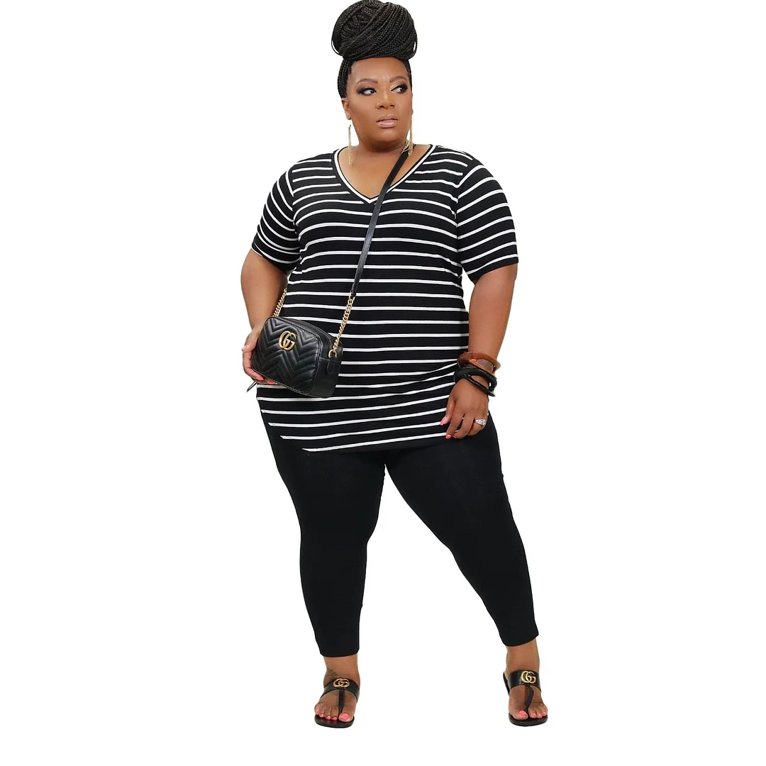 CM.YAYA Women Plus Size XL-5XL Striped Print V-neck Tee tops jogger sweatpant suit two piece set sport matching set outfit