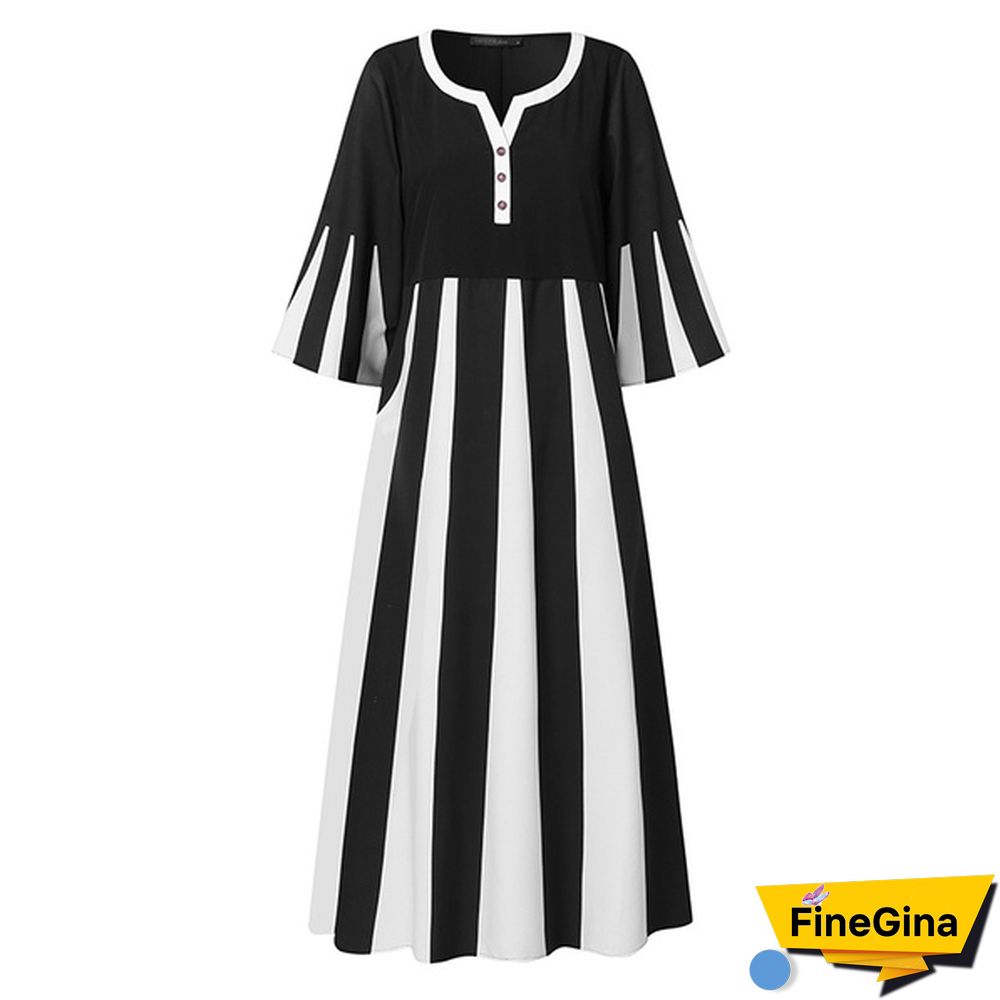 Women's Fashion V Neck 3/4 Sleeve Casual Loose Long Dress Plus Size Striped Dress Vestidos