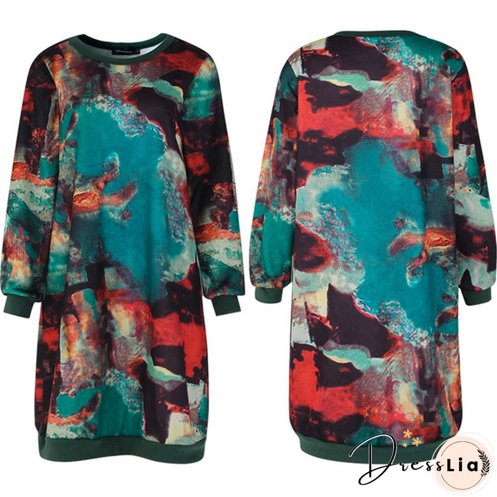 Autumn Winter Women Printed Midi Dress Tunic Long Sleeve Pockets Warm Vintage Casual Loose Long Sweatshirt Dress Plus Size