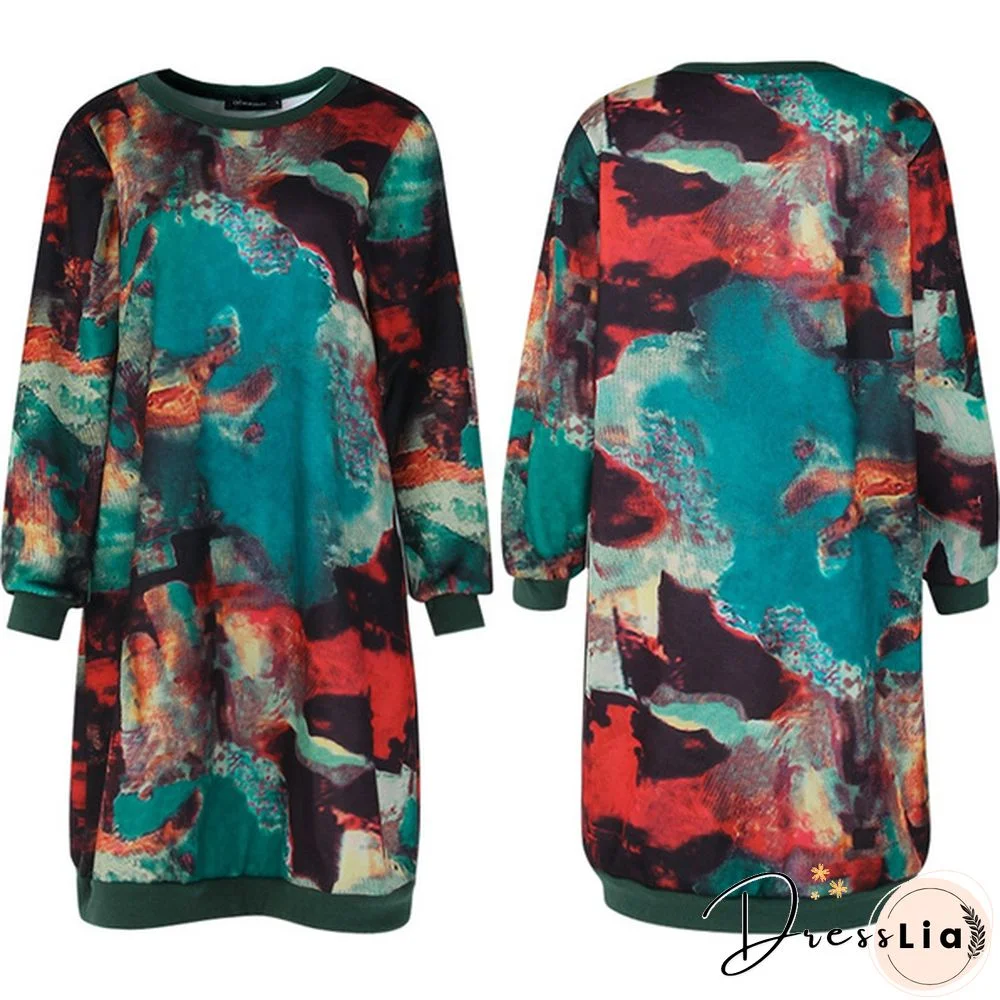 Autumn Winter Women Printed Midi Dress Tunic Long Sleeve Pockets Warm Vintage Casual Loose Long Sweatshirt Dress Plus Size