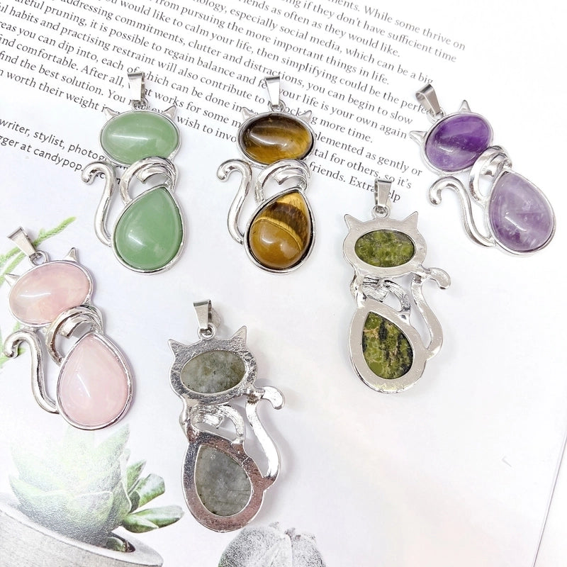 1 Piece 25*45MM Alloy Natural Stone Crystal Cat Pendant
