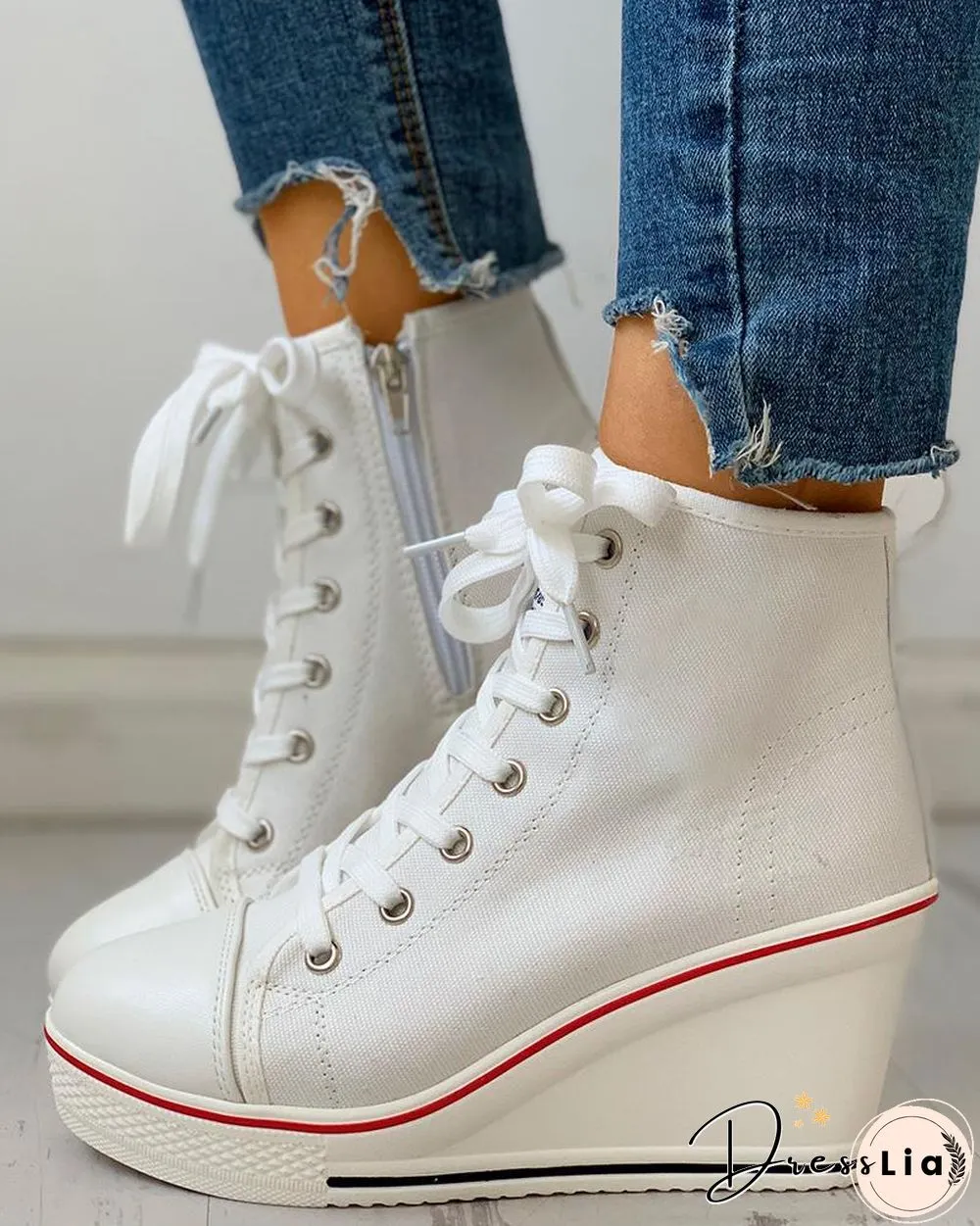 Eyelet Lace-Up Platform Wedge Sneakers