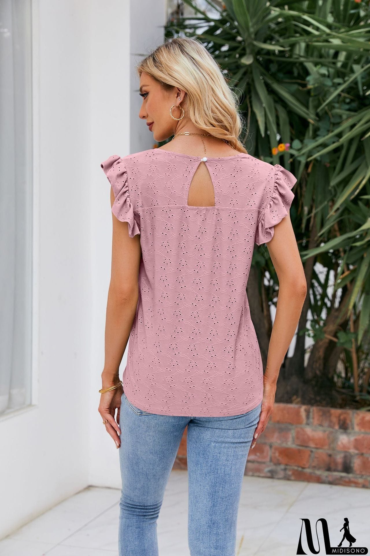 MidiSono - V-Neck Flutter Sleeve Eyelet Top