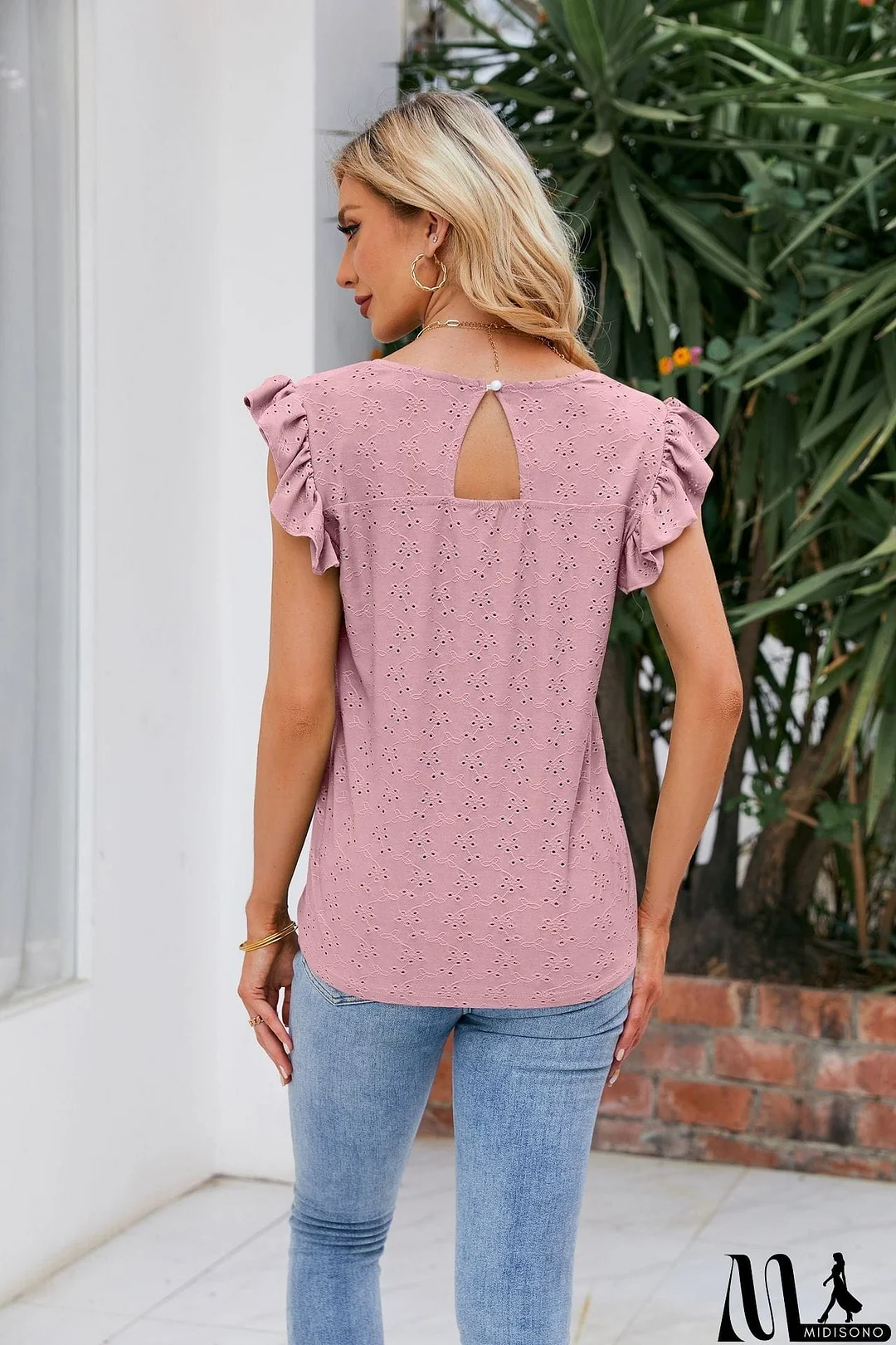 MidiSono - V-Neck Flutter Sleeve Eyelet Top