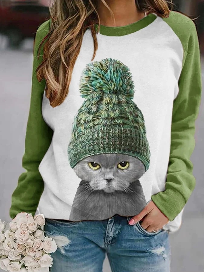 Women's Funny Cute Winter Cat Print Casual Sweatshirt