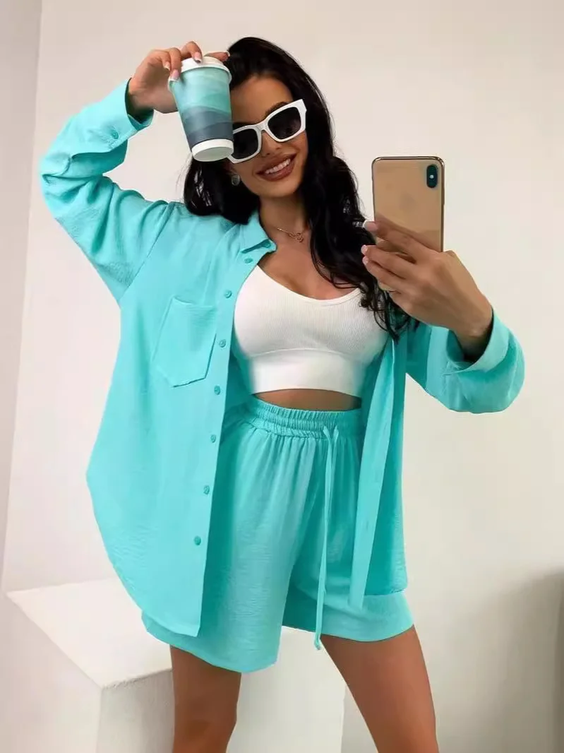 Nigikala Nigikala Women's Solid Color Single Row Buckle Long-Sleeved Shirt Loose Fashion Casual Shorts Set