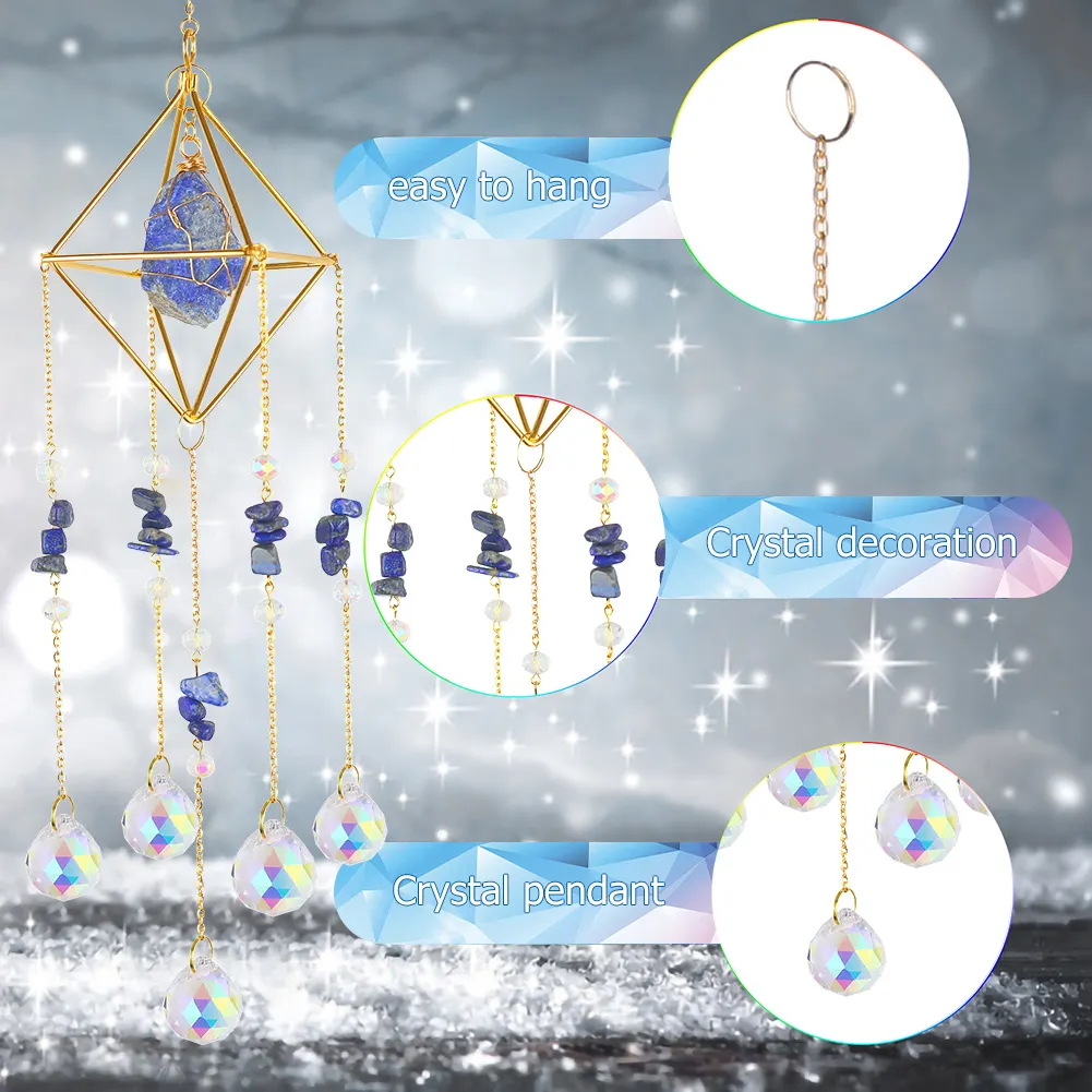 Crystal Wind Chimes Natural Stone Prism Light Catcher Decor (Dark Blue)