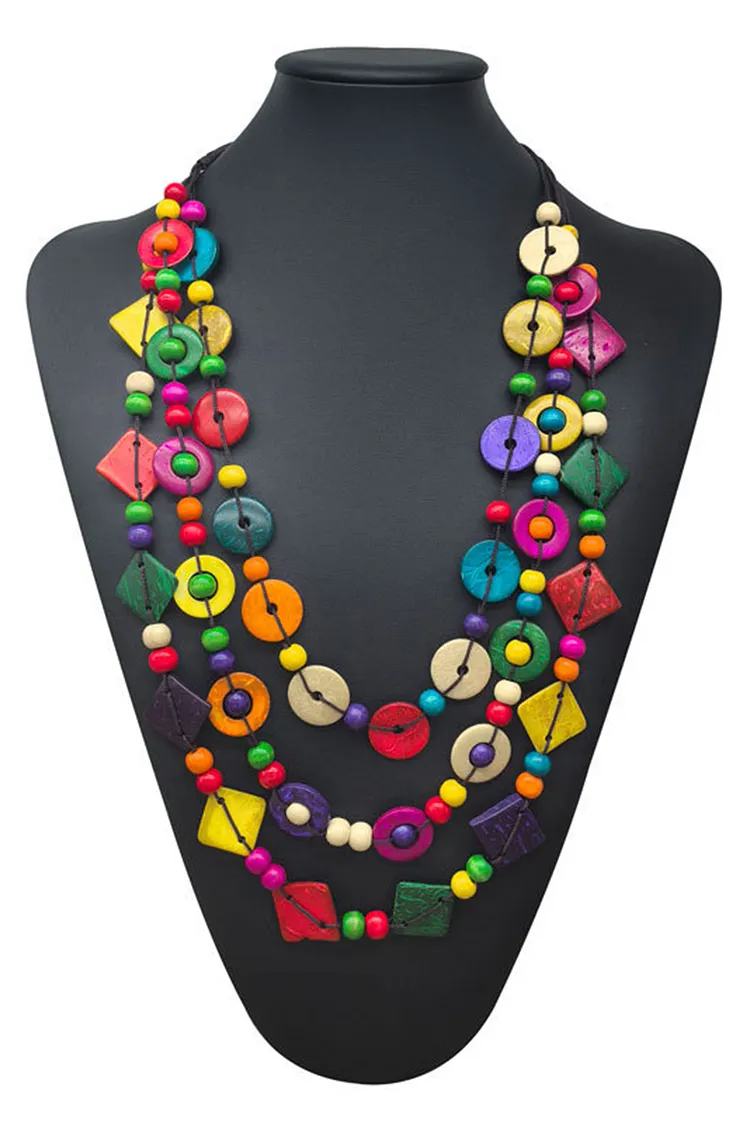 Festival Rainbow Wooden Geometric Decor Multi-Layered Mid-Length Necklaces 2024 - Xpluswear