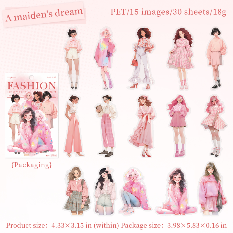 Journalsay 30 Sheets Fashion Street Photo Series Kawaii Girl Character PET Sticker