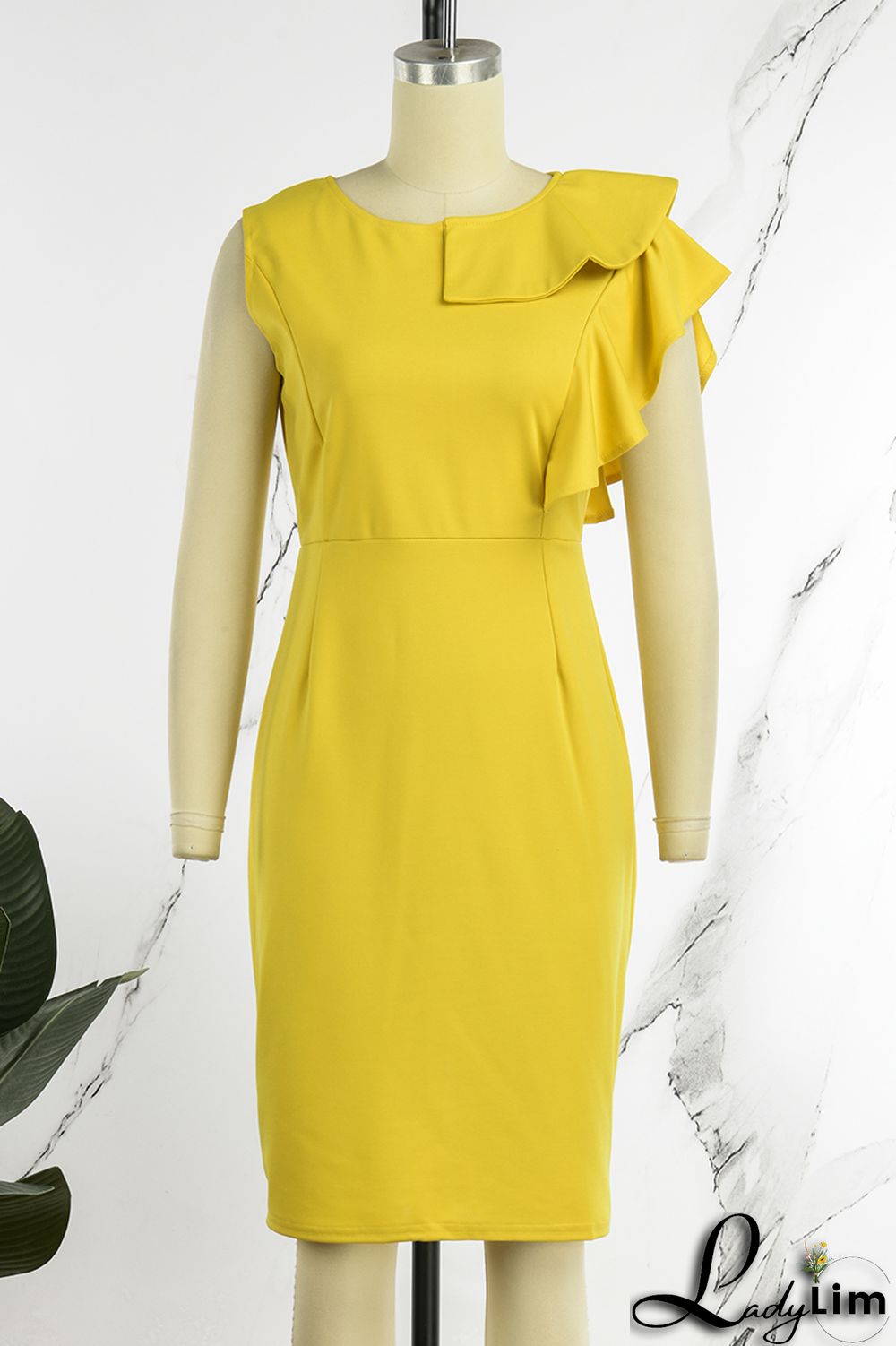 Yellow Casual Elegant Solid Flounce Zipper O Neck Wrapped Skirt Dresses