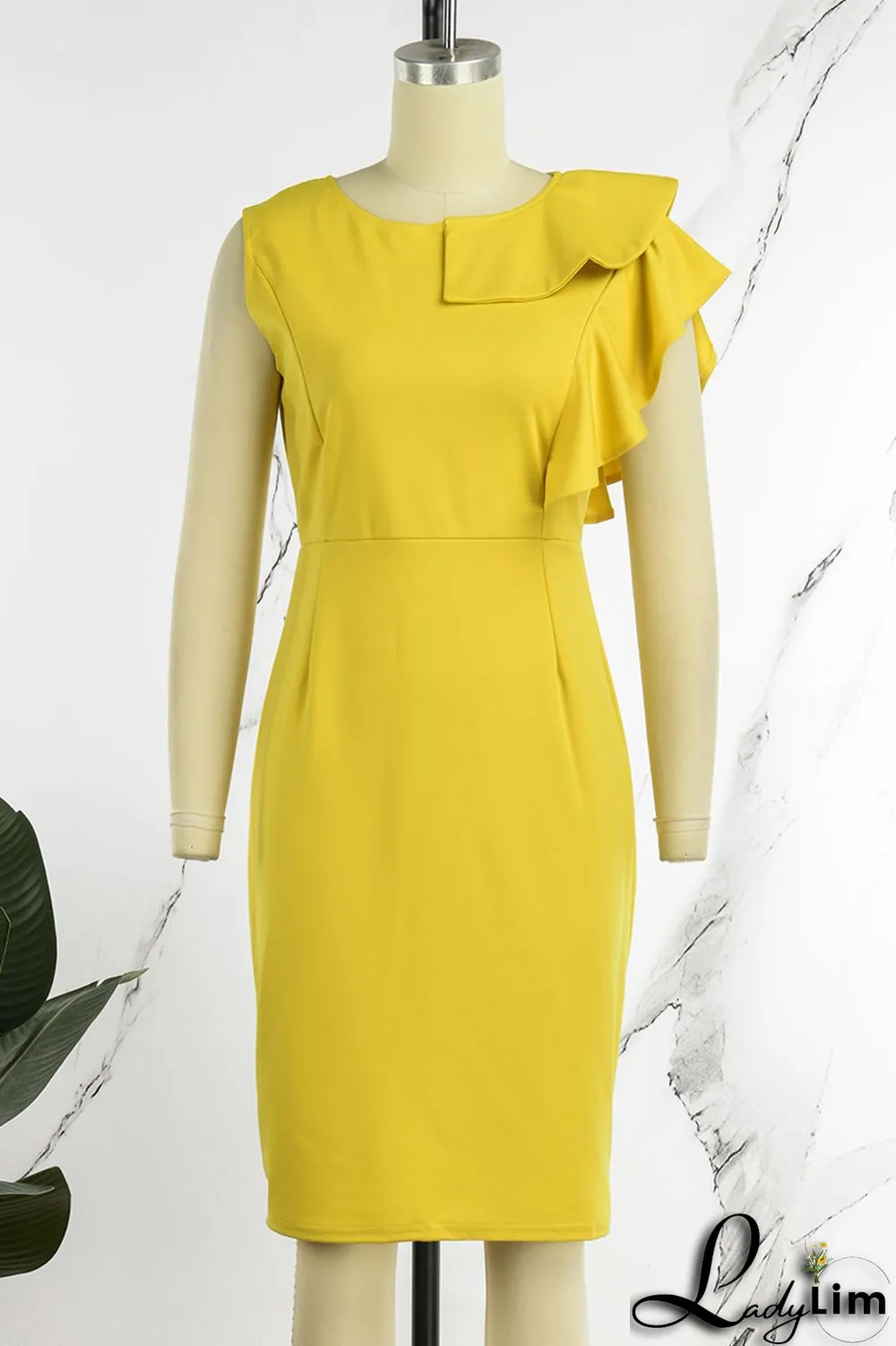 Yellow Casual Elegant Solid Flounce Zipper O Neck Wrapped Skirt Dresses