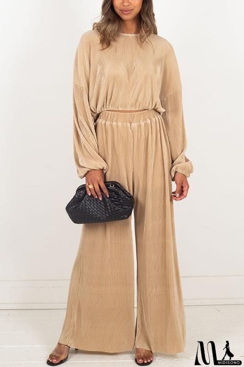 MidiSono - Pleated Crop Blouse Wide Leg Pants Set