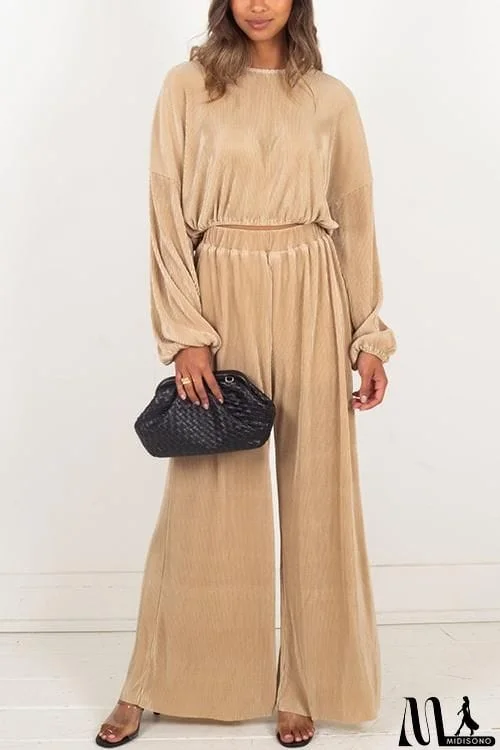 MidiSono - Pleated Crop Blouse Wide Leg Pants Set