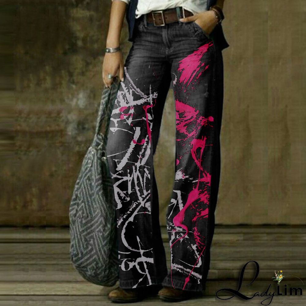 Vintage Fashion Casual Straight Wide Leg Ladies Denim Pants