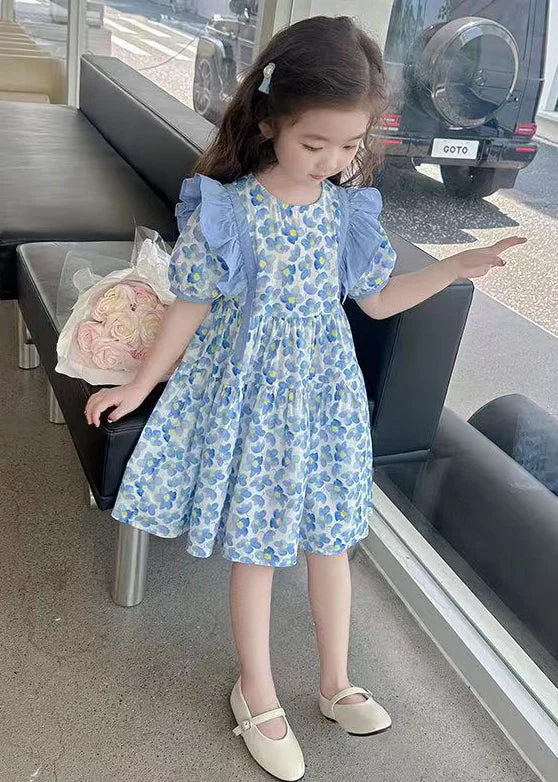 Lovely Blue Ruffled Print Cotton Girls Long Dress Summer