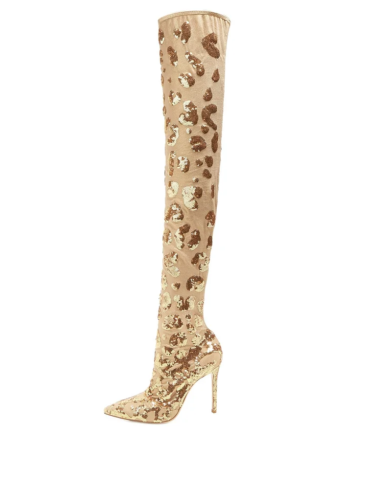 Gold Sequin Boots Pointy Toe Stiletto Heel Evening Over-the-Knee Boots |FSJ Shoes