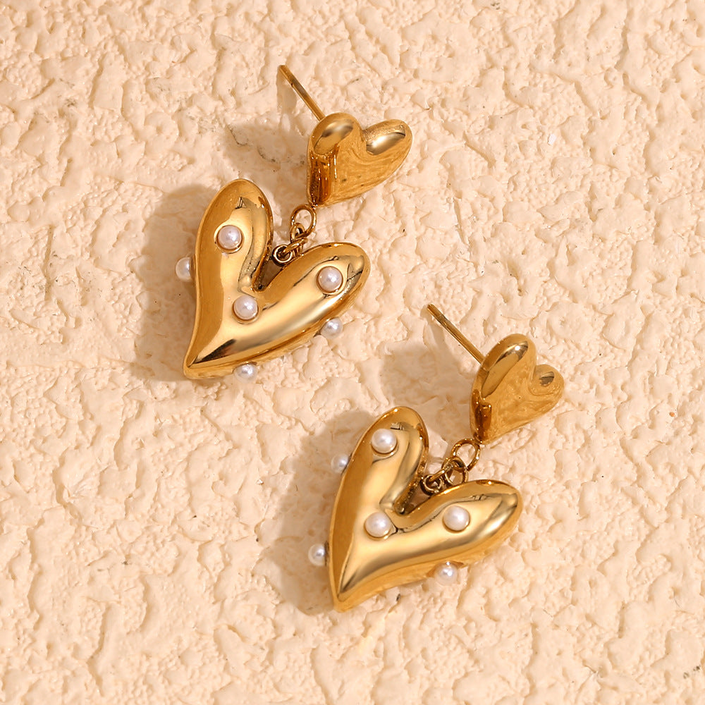French Design Earrings Stainless Steel 18K Gold Plated Irregular Heart Stitching Pearl Earrings For Women