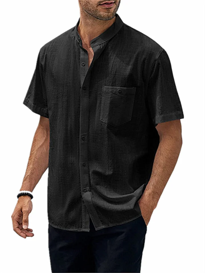 Men's Summer Short Sleeve Pocket Cotton Shirt Button Vintage Beach Casual Top