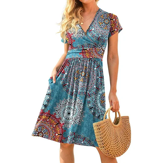 Women's Print Loose Short Sleeve Pocket Dress
