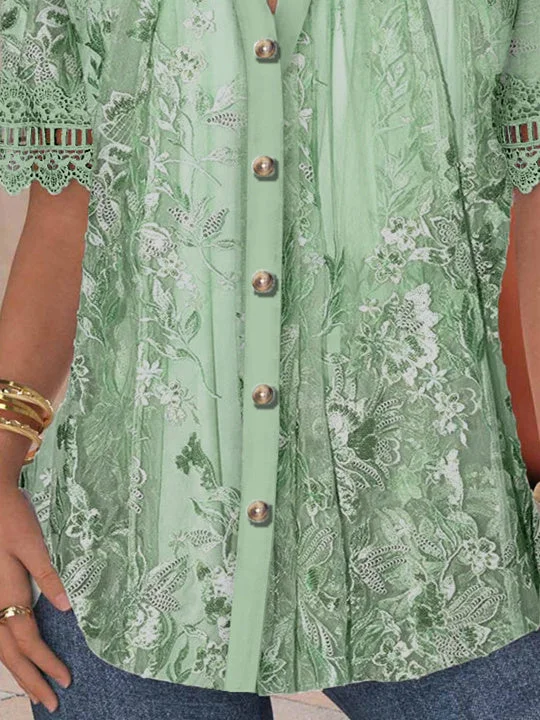 Women Short Sleeve V-neck Floral Printed Graphic Lace Hollow Stitching Button Tops