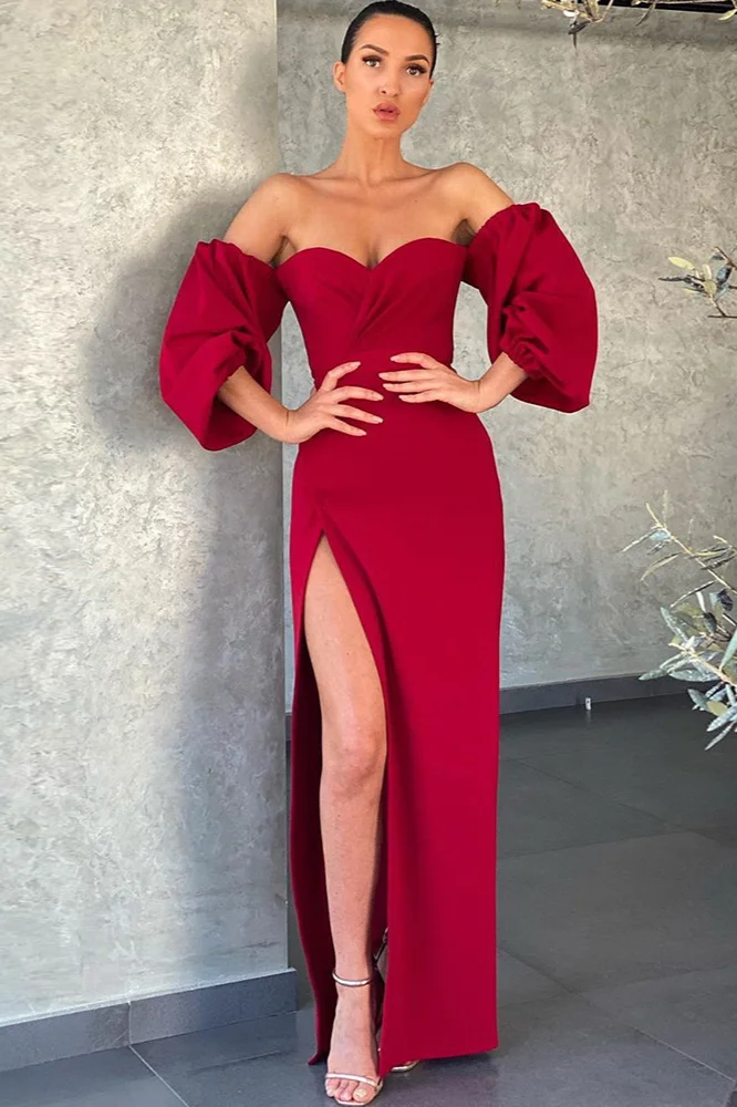 Off-the-Shoulder Bubble Sleeves Mermaid Prom Dress Long Evening Gowns With Slit - lulusllly