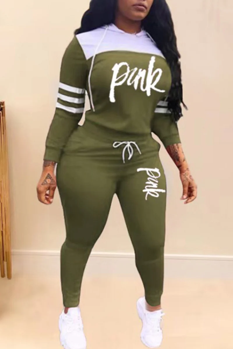 Army Green Casual Patchwork Two Piece Suits Print pencil Long Sleeve