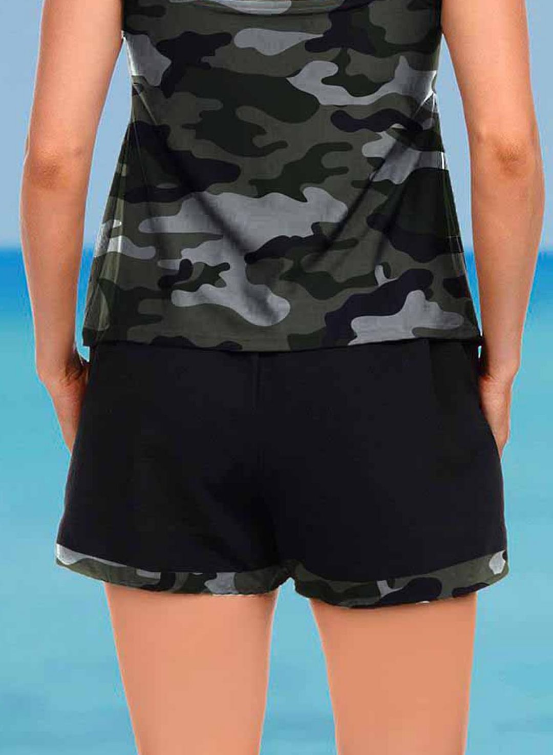 Womens Plus Size Camouflage Tankini With Shorts U Neck Ruched Padded