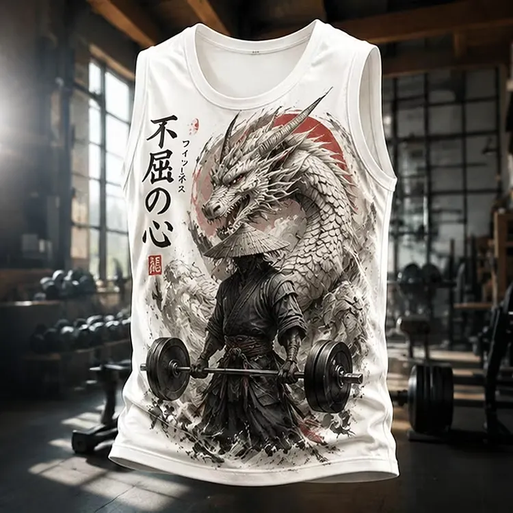 Men's Japanese Ink Dragon Samurai Weightlifting Kanji Art Print Tank Top