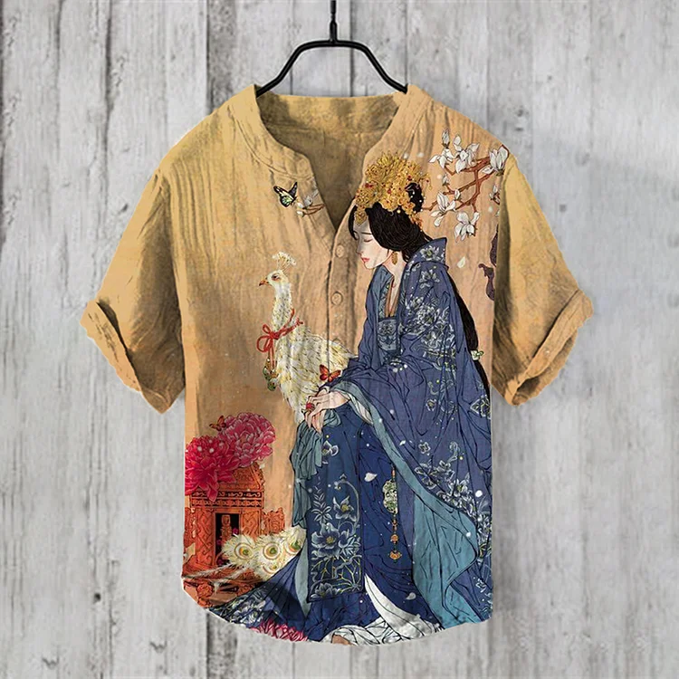Wearshes Men's Vintage Geishas Japanese Art Linen Blend Shirt